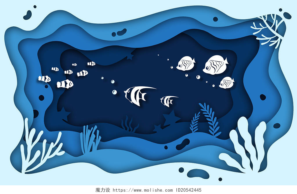 手绘扁平剪纸风保护海洋蓝色大海海洋动物插画海洋海洋动物
